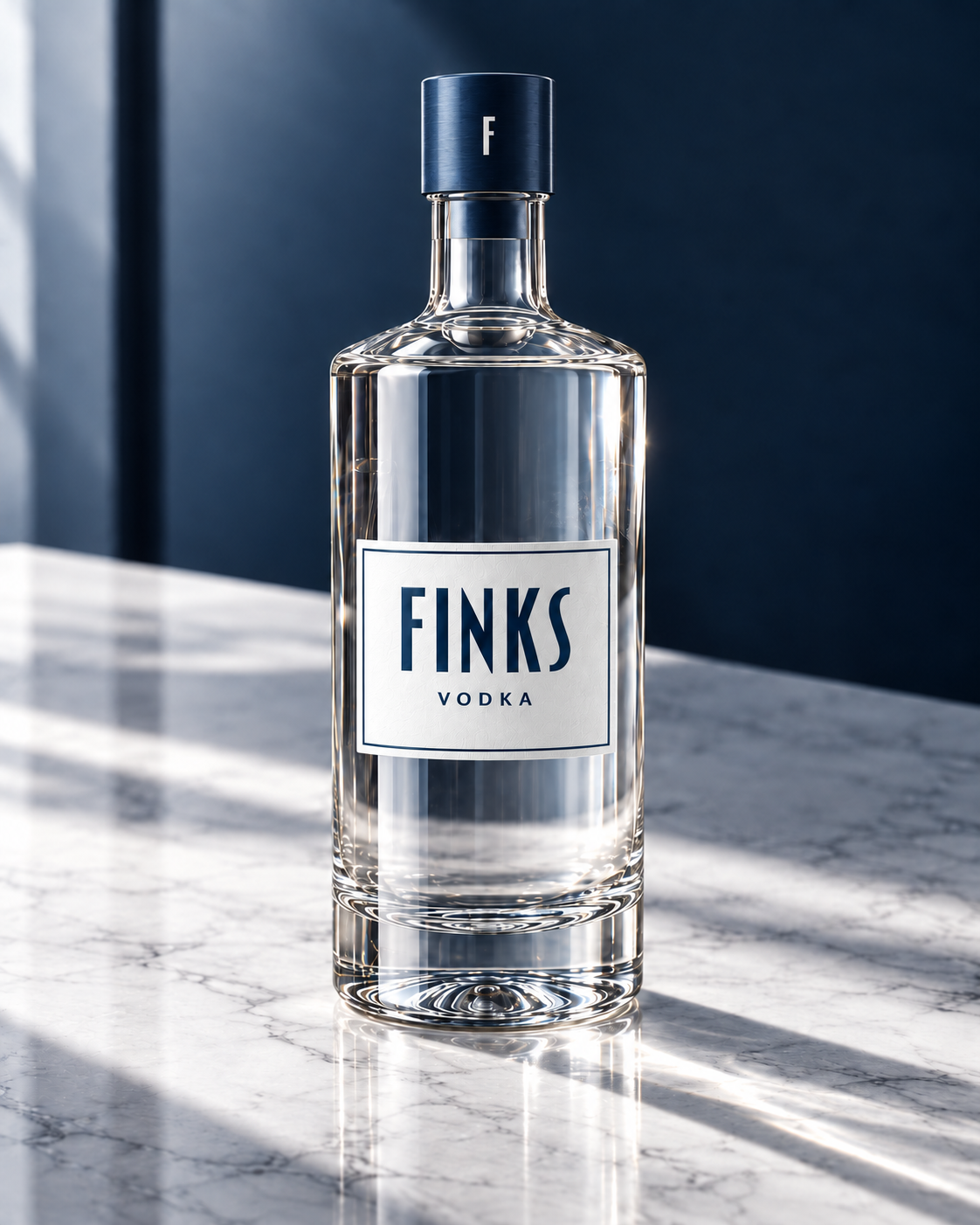 The FINKS Vodka bottle with a midnight navy cap, white F monogram and white label, on white stone in cool daylight.