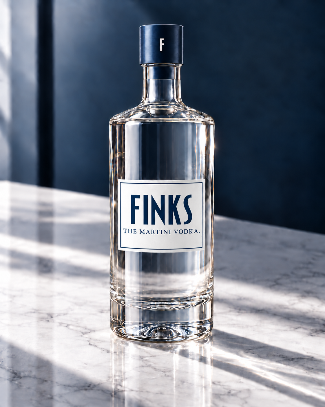 Finks bottle labeled The Martini Vodka, with a midnight navy cap on white stone.