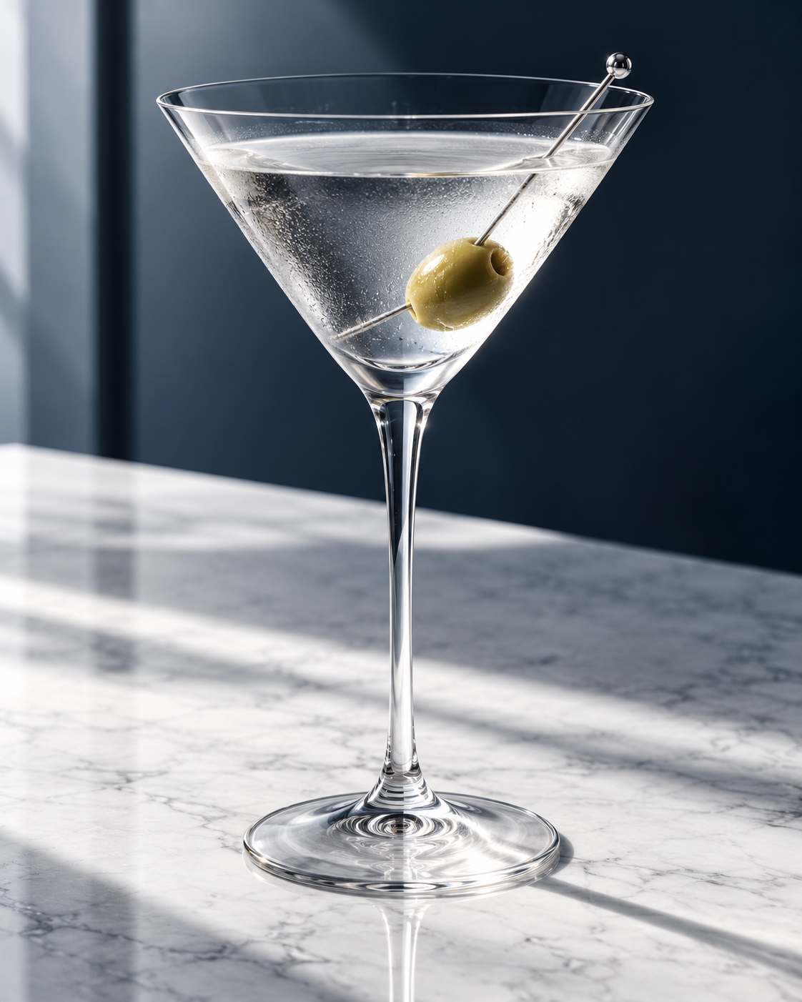 Classic martini with a green olive on white stone.