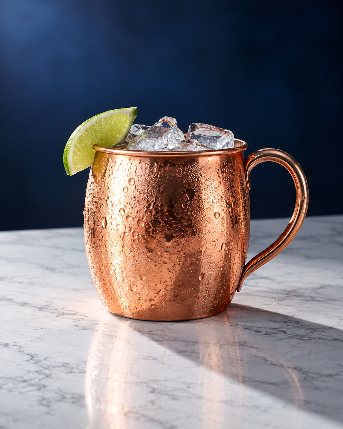 Moscow Mule in a copper mug with ice and a fresh lime wedge.