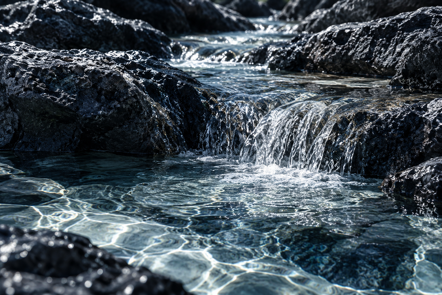 Concept artwork of clear spring water flowing over dark mineral rock into a tranquil pool.