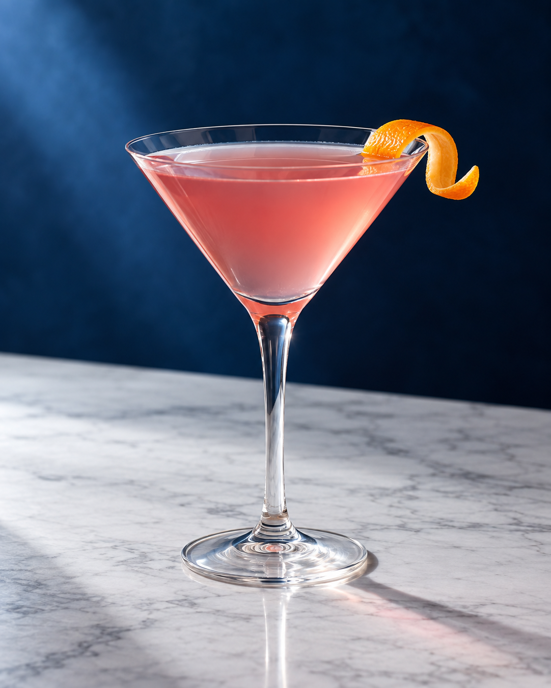 A cranberry-pink Cosmopolitan with an orange twist in a stemmed glass.